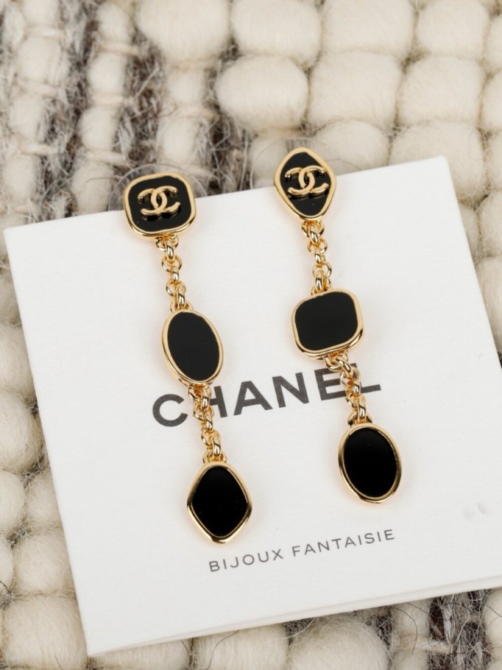 Chanel Gold-Tone Black Enamel Chain Drop Earrings